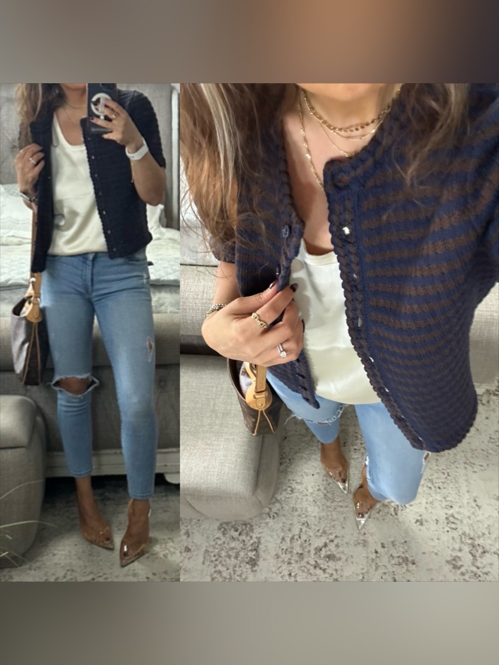New🤎💙 Navy & Brown Striped Short Sleeve Knit Cardigan